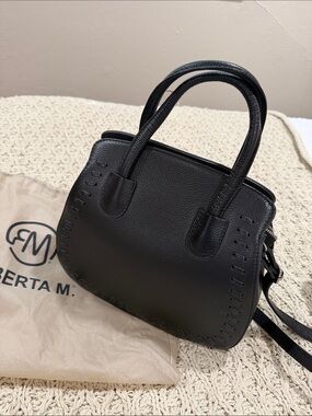 Roberta M Black Leather Top-Handle Bag with long strap for crossbody